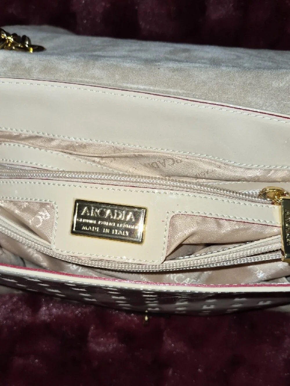 Arcadia White Patent Leather Satchel with Pink Trim and Gold Hardware